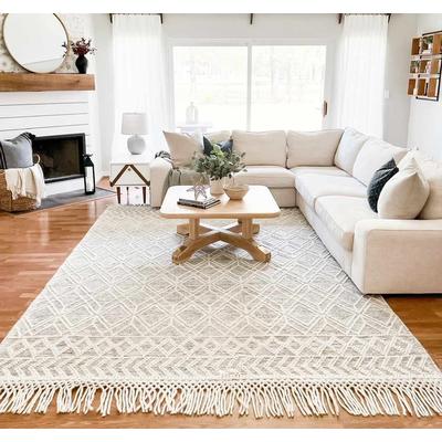 Ossun 7'6" x 9'6" Handmade wool Moroccan Wool Bone/Eggplant/Cloud Gray/Smoke/Nutmeg/Black/Cream Area Rug - Boutique Rugs