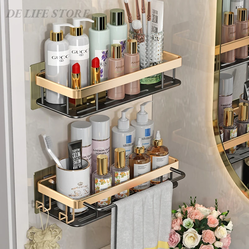 Étagères murales de luxe en métal pour salle de bain, sans perceuse, support de rangement de douche, porte-shampoing et serviettes, toilette, salle de bain accessoire，etagere murale，rangement salle de