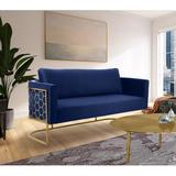 Everly Quinn Casa 76" Velvet Round Arm Sofa Wood/Velvet in Blue/Yellow | 31 H x 76 W x 30 D in | Wayfair 7CFC1CAFA4624E62A26300009528D963