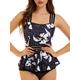 Peddney Strappy Tankini Swimsuits for Women Tummy Control Peplum Two Piece Bathing Suits with High Waisted Bikini Bottom, White-black, Medium