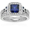 Platinum-Plated Sterling Silver Princess-Cut Created Sapphire Vintage Ring Set made with Swarovski Zirconia, Size 6