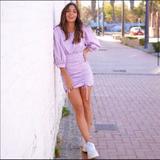 Zara Dresses | Gingham Zara Dress Bloggers Fav With Puff Sleeves. | Color: Purple/White | Size: L