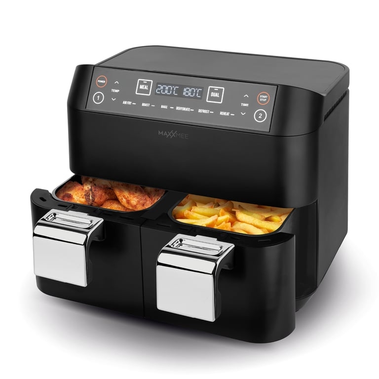 MAXXMEE Heißluft-Fritteuse Doppelkorb - 2x 3,8 l - 6 Programme Fritteuse - 2400 W - ohne Öl - 2 unanbhängige Garzonen - Schwarz Image