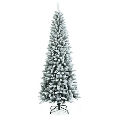 Costway Snow-Flocked Hinged Artificial Christmas Pencil Tree with Mixed Tips-7.5 ft