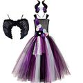 Kid Girls Princess Maleficent Costume Fancy Evil Queen Dress Up Handmade Knitted Tulle Dress with Horn and Wings Wicked Witch Halloween Carnival Cosplay Party Outfit Purple 9-12 Years