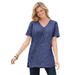 Plus Size Women's Perfect Printed Short-Sleeve Shirred V-Neck Tunic by Woman Within in Navy Offset Dot (Size 4X)