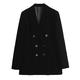 Watrpro Women Vintage Black Velvet Jacket Blazer Office Women Suit Jacket Double Breasted Outwear Black L