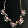 J. Crew Jewelry | J Crew Statement Necklace Pink Cabochon Grey Crystals Gold Tone | Color: Gold/Pink | Size: 17” To 19 1/2” Long