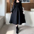 QWEconvex-Robe mi-longue noire vintage pour femmes col carré élégant français manches longues
