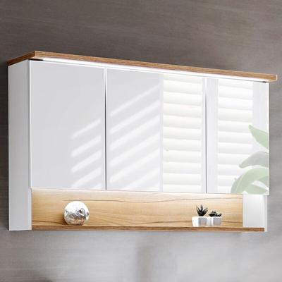 Badezimmer 120cm LED-Spiegelschrank BERMUDA-56 in weiß mit WotaneicheB/H/T 120/69/25cm Image
