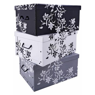 3er Set Aufbewahrungsbox mit Deckel je 51 x 37 cm - Blumenmuster - Stapelbox aus Pappe mit Griffen