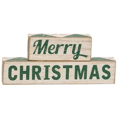 2/Set Plaid Merry Christmas Wooden Blocks - H - 3.00 in. W - 1.00 in. L - 7.00 in.