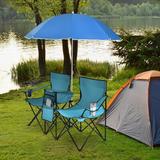 Arlmont & Co. Ahmarie Portable Folding Picnic Double Chair W/umbrella Table Cooler Beach Camping Turquoise Metal in Blue | Wayfair