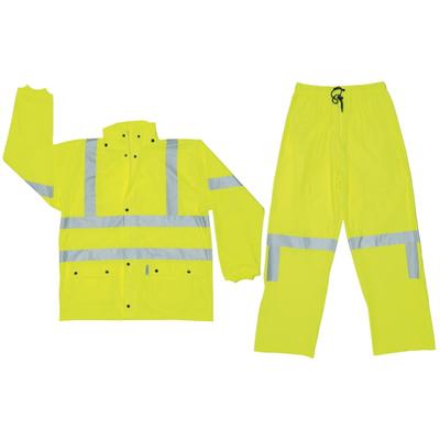 MCR Safety Luminator 2 Piece Hi Vis Reflective Rain Suit .40mm PU/Cotton Poly Blend Stretch ANSI 107 Type R Class 3 Fluorescent Lime 7X 5182X7