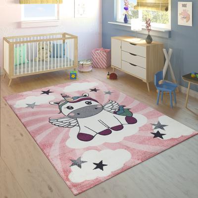 Kids Play Rug for Girls Baby Unicorn in pink white Pastel Colors