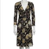 Gucci Dresses | Gucci 3/4 Sleeve Print Knee Length Faux Wrap Midi Dress | Color: Black/Gold | Size: Xs