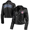 Women's The Wild Collective Black Chicago Cubs Faux Leather Moto Full-Zip Jacket