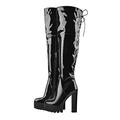 Only maker Women's Lace Up Over the Knee High Boots wtih Zipper Back Adjustable Tie Up Platform Thigh High Booties Track Sole Block Chunky Heeled High Heel Boots Faux Patent Leather Black Size 8