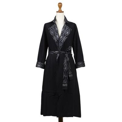 Northern Spy,'Hand-Woven Black Linen Trench Coat with Ikat Motif'