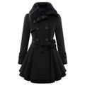 TYQQU Women's Winter Faux Fur Collar Coat Elegant Long Coat Double Breasted Belted Woolen Jacket Casual Coat Black 2XS