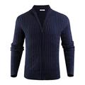 Sykooria Mens Zip Up Cardigan Vintage Plain Chunky Cable Knitted Grandad Cardigan Sweater Long Sleeve Jumper Coat Outwear Dark Blue