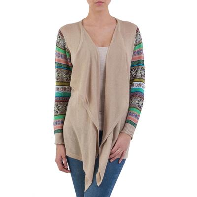 Beige Southern Star,'Solid Beige Open Cardigan with Patterned Sleeves from Peru'