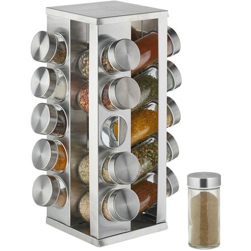 Gewürzkarussell mit 20 Gewürzgläsern, 360° drehbar, Edelstahl, Glas, HxD 33 x 20 cm, Gewürzregal