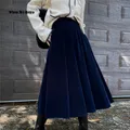 Jupe mi-longue en velours rétro pour femmes jupe trapèze noir bleu café vintage automne