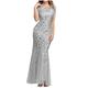 U/S Women's Elegant Evening Dress Leaves Sequin Tulle Floor Length Mermaid Dress Feminine Formal Maxi Dress Silver