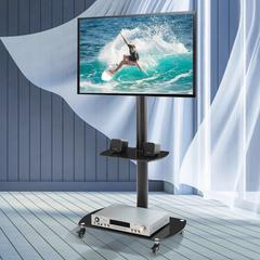 Height and Angle Adjustable Multi-Function Tempered Glass Metal Frame Floor With Lockable Wheels Mobile TV Stand, LCD/Plasma TV