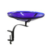 Achla Designs Reflective Crackle Glass Birdbath Bowl With Rail Mount Bracket, 14 Inch Diameter, Cobalt Blue