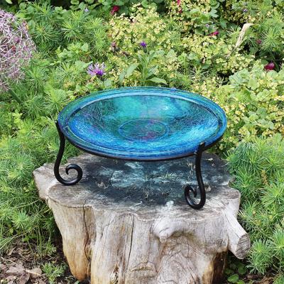 Achla Designs Reflective Crackle Glass Birdbath Bowl With Short Stand II, 14 Inch Diameter, Teal Blue