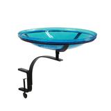 Achla Designs Reflective Crackle Glass Birdbath Bowl With Rail Mount Bracket, 14 Inch Diameter, Teal Blue