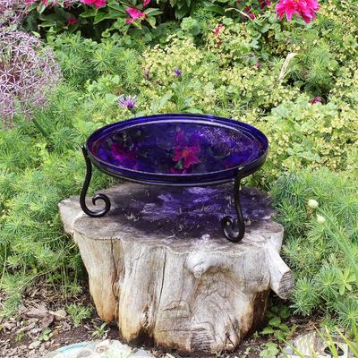 Achla Designs Reflective Crackle Glass Birdbath Bowl With Short Stand II, 14 Inch Diameter, Cobalt Blue