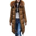 SKYWPOJU Down Jacket Women Long Winter Warm Zip Down Coats Casual Down with Hood Faux Fur Parka Elegant Slim Fit Jacket (Color : Brown, Size : XXL)