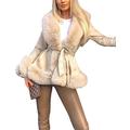 Vagbalena Women's Fashion Faux Rabbit Fur Collar Ruffle Warm Trench Coat Jacket with Belt (Beige,3XL)