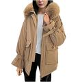 eiuEQIU Women's Winter Jacket with Fur Winter Parka Fur Hood Tailored Women's Softshell Jacket Parka Outdoor Jacket Warm Down Jackets Fur Collar Plus Velvet Warm Cotton Jacket, khaki, XL