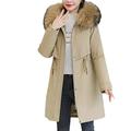 Down Jacket Women Cotton Lining Winter Parka Down Coat Ladies Parker Fashion Plus Velvet Thick Medium Long Hooded - Khaki,L(52.5-60kg)