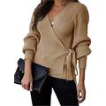 Uusollecy Women's Sweater, Sexy V-Neck Wrap Jumper, Princess Sleeves Cardigan, Casual Long Sleeve Outwear Knitted Sweater with Belt, A-khaki, L