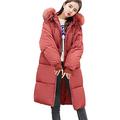 TIMEMEAN Puffer Down Coat Long Padded Jacket with Fur Hood Red L