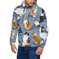 Cute Cat Blue Hoodies With Velvet Inside For Men|Comfy Drawstring Pullover Hoodie With Pockets