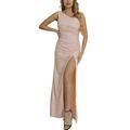 GilRu Women's Evening Party Dress One Shoulder Sequin Dress for Women Sexy Split Dress Sleeveless Bodycon Maxi Party Dress (Pink, M)