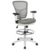 Flash Furniture Mid-Back Light Gray Mesh Ergonomic Drafting Chair with Adjustable Chrome Foot Ring Adjustable Arms and White Frame