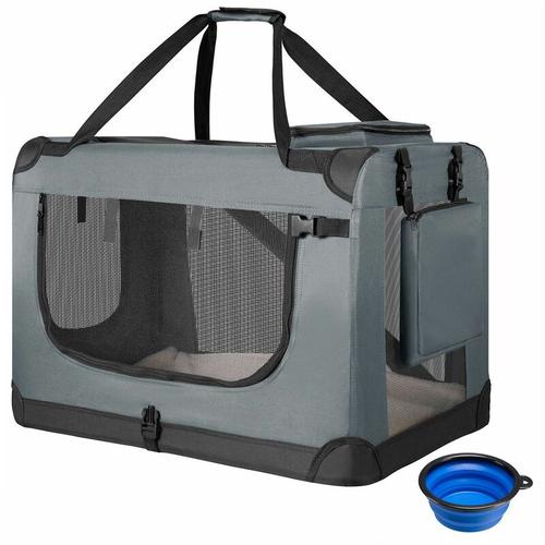 Hundetransportbox Lassie l (grau) faltbar - 50 x 70 x 52 cm - Reisebox mit Decke, Tasche & Griffen