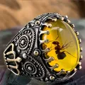 Bague vintage en pierre d'agate naturelle pour hommes et femmes grand nar rétro incrusté jaune