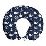 Navy Blue Travel Pillow Neck Rest, Maritime Pattern with Whales Helms Anchors Nautical Elements Deep Sea Life, Memory Foam Traveling Accessory Airplane and Car, 12", Navy Blue White, by Ambesonne