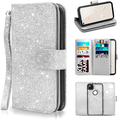 Newseego Compatible Google Pixel 4a Leather Case,Glitter Faux PU Leather Magnetic Closure Multi-Credit Card Slot Cash Holder Detachable 2 in 1 Wallet Cover with Wrist Strap-Silver