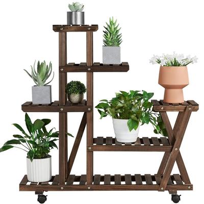 Pflanzentreppe Holz Blumenständer mit Rollen Pflanzenregal Blumenregal Balkon Blumentreppe Holz Image
