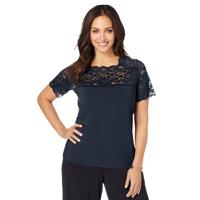 Plus Size Women's Stretch Lace Neckline Top by Jessica London in Navy (Size S)