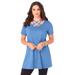 Plus Size Women's Lattice-Neck Short Sleeve Ultimate Tunic by Roaman's in Horizon Blue (Size 34/36)